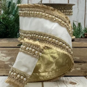 4"x5Y WINTER WHITE VELVET FRINGE JEWEL PEARL TRIM RIBBON