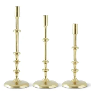 GOLD METAL RIBBED CANDLESTICKS - SET OF THREE