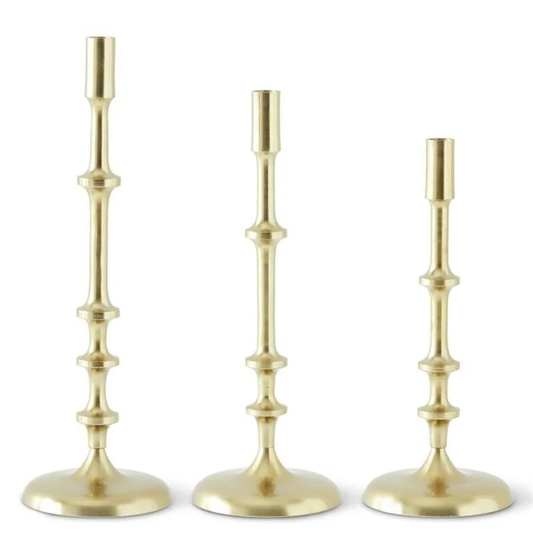 GOLD METAL RIBBED CANDLESTICKS - SET OF THREE