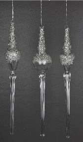14" PLATINUM GLITTER GLASS FINIAL ORNAMENT - THREE ASSORTED STYLES
