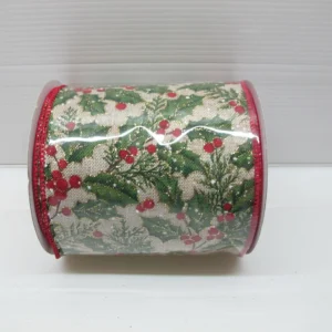 4"x10Y WIRED HOLLY RIBBON