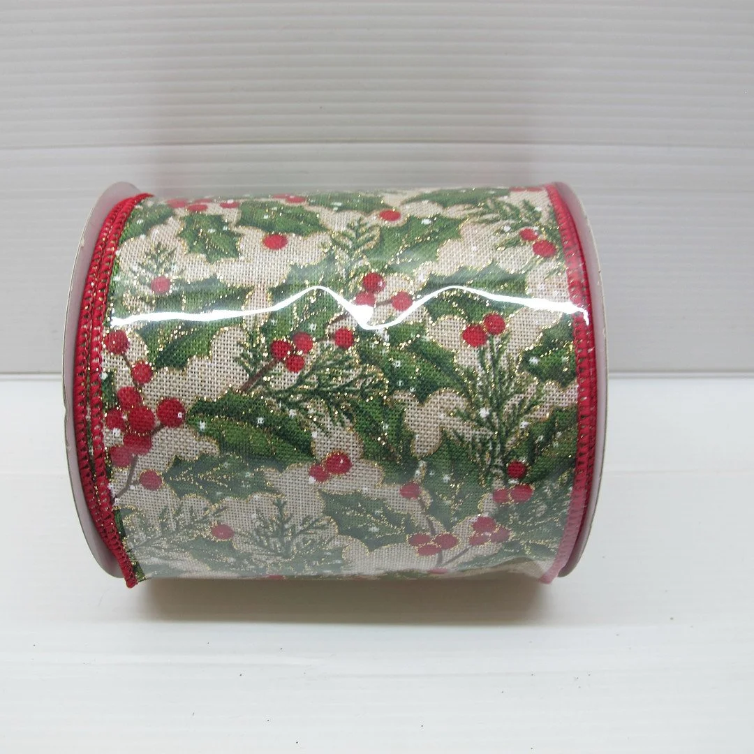 4"x10Y WIRED HOLLY RIBBON