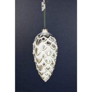 8" WHITE/ PLATINUM MATTE PINECONE ORNAMENT