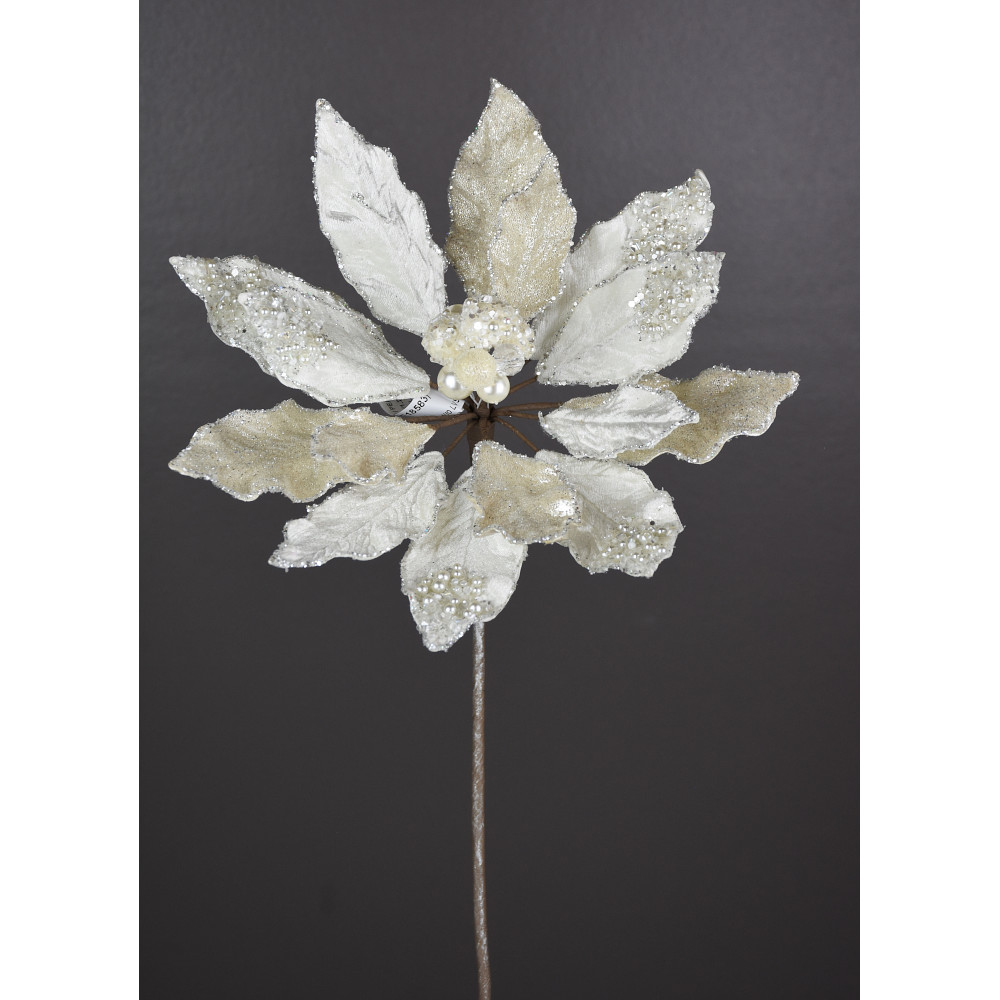 18" WHITE/ PEARL JEWELED POINSETTIA STEM (10"D BLOOM)