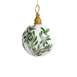 4" WHITE/ DARK GREEN/ GOLD GLASS MISTLETOE BALL ORNAMENT
