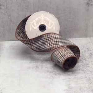 2.5"x10Y BROWN/ CREAM/ NAVY FAUX WOOL MADDOX PLAID WIRED RIBBON
