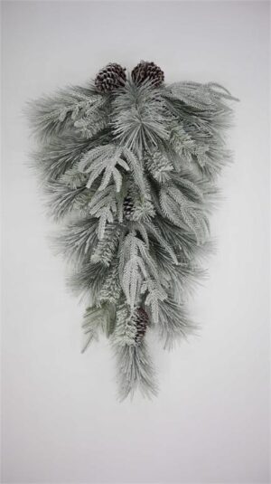 30" SNOWY MIXED PINE AND PINECONE TEARDROP SWAG