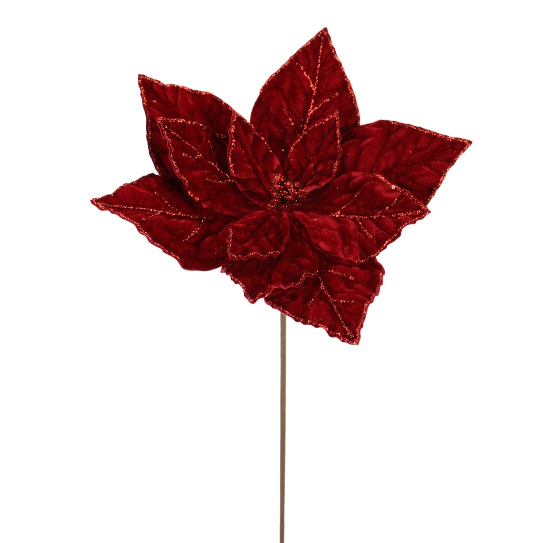 22" DARK RED VELVET POINSETTIA STEM