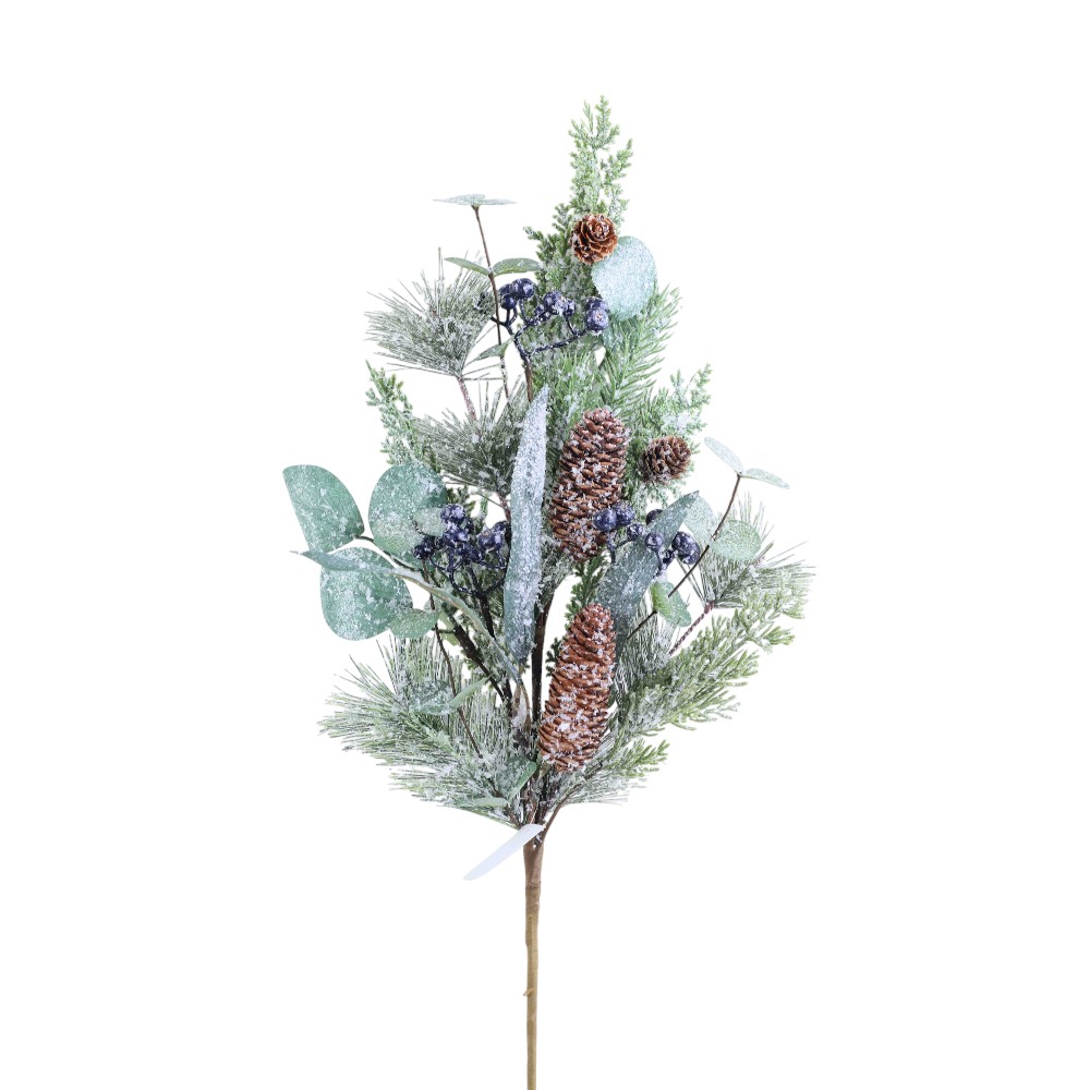 28" BLUE/ GREEN SNOW PINE BERRY & CONE SPRAY