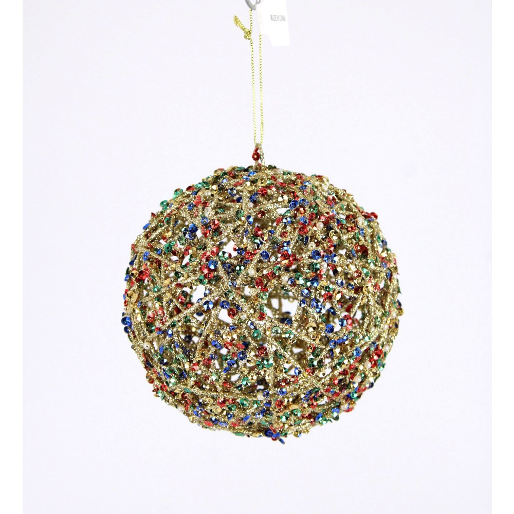 6" GOLD/ MULTI-COLORED SEQUIN TWIG BALL ORNAMENT