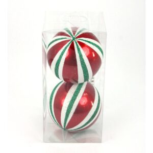 5.5" RED/HOLIDAY GREEN/WHITE STRIPED BALL ORNAMENT-BOX OF 2