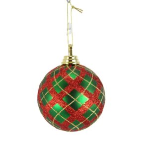 4.75" RED/GREEN/CHAMPAGNE GLITTER PLAID GLASS BALL ORNAMENT