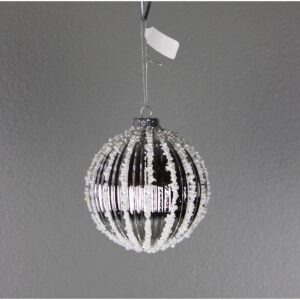 4" PLATINUM/ WHITE BEADED STRIPED GLASS BALL ORNAMENT