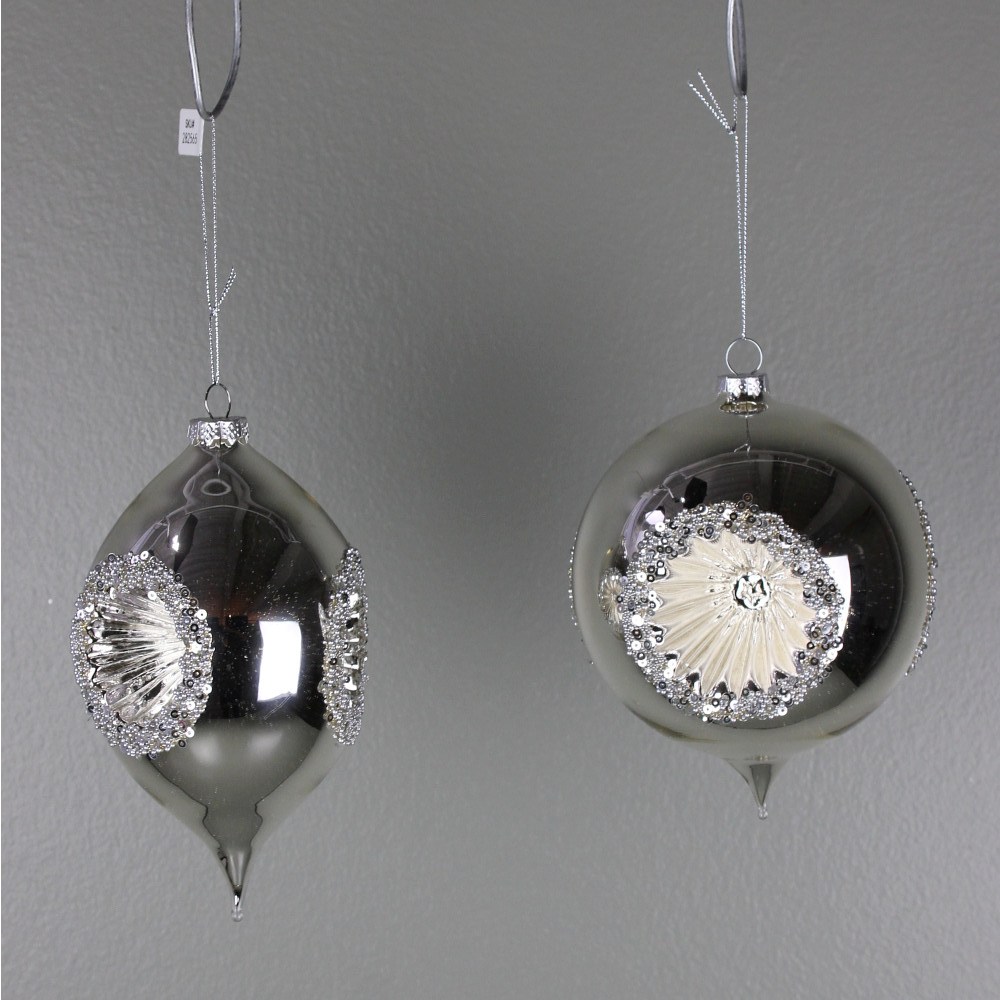 6.75" PLATINUM GLASS REFLECTOR ORNAMENT - TWO ASSORTED