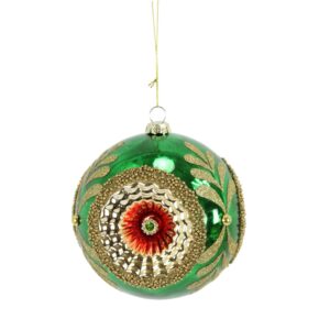 5" GREEN/RED/GOLD GLASS REFLECTOR BALL ORNAMENT