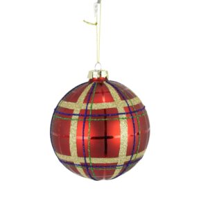 5" RED/GOLD/BLACK GLASS PLAID BALL ORNAMENT