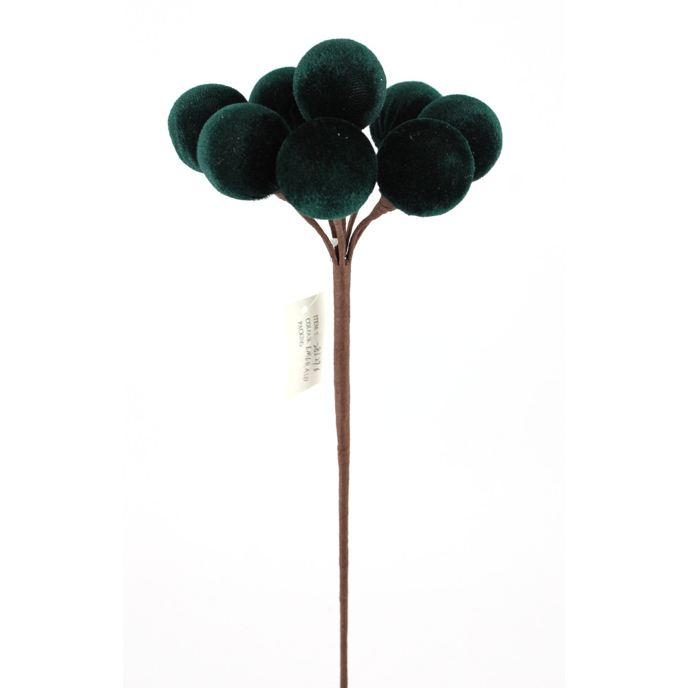 20" DARK GREEN/ EMERALD VELVET CLUSTER BERRY STEM