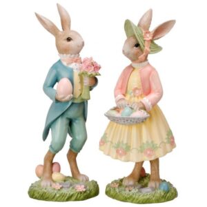 16" RESIN DRESSED BUNNY WITH EGG - SET OF 2