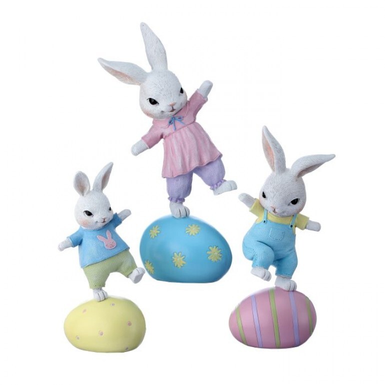 5.5-10.5" RESIN BALANCING BUNNY ON EGG - SET OF 3