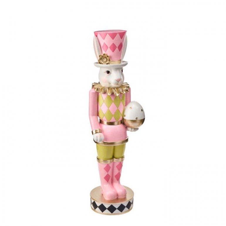 48" PINK/GREEN/BLACK RESIN GARDEN BUNNY WITH EGG